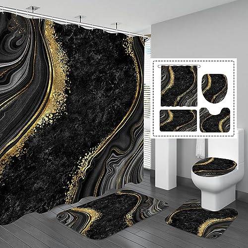 Gibelle Juego de 4 cortinas de ducha de mármol de lujo con alfombras antideslizantes, cubierta de tapa de inodoro y alfombrilla de baño, juego de decoración de baño negro dorado con cortina de ducha y