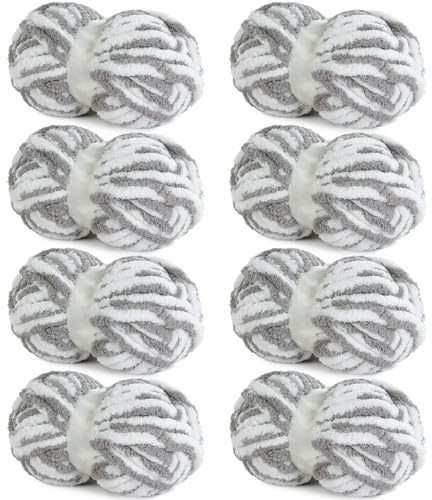 HOMBYS Bulky Fulffy Chunky Chenille Yarn for Hand Knitting,Soft Lightweight Large Thick Jumbo Yarn for Chunky Blanket,8 Pack,White & Grey(253.6 yds,64 oz)
