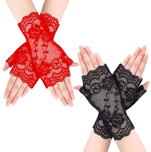 NYGGTYK 2 Paar Spitzen-Halbfingerhandschuhe, Fingerlose Handschuhe, Kurze Spitzenhandschuhe, Kreative Sonnenschutzhandschuhe, Hochzeitskleid-Zierhandschuhe (Rot, Schwarz)