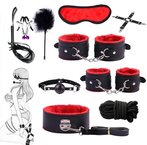 Plüsch Bondageset Fessel Set, SM Fesseln Sex Set Bett, WUUDOA 10 Stück mit Handschellen Fußfesseln Knebel Verstellbare, Handschellen Sex Bett, Sexspielzeug für Paare Extrem Sex, Fetish（Rosa）