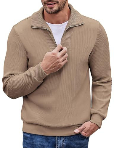 COOFANDY Pullover Herren mit Half Reißverschluß Winter Strickpullover Männer Regular Fit Pulli Khaki L