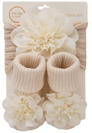 LICHENGTAI Fascia Capelli Neonata in Chiffon + Calzini da Neonato con Fiocco in Pizzo, Cerchietto Floreale per Bambine Copricapo Carino per Bambini Neonati, Bambina
