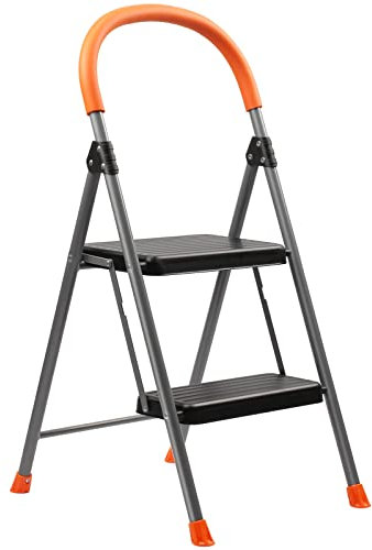 TreeLen Escabeau à 2 marches, Tabouret Pliant en métal pour Adultes, échelle Pliante en Acier Portable pour Usage intensif, Larges marches antidérapantes, léger et Robuste, Orange