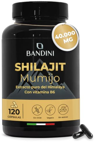 Bandini® Mumijo Shilajit 40.000 mg 120 cápsulas | El original puro del Himalaya, rico en 85 minerales |Con 80% de ácido fúlvico y vitamina B6, más de 85 oligoelementos | Suplemento 100% vegano