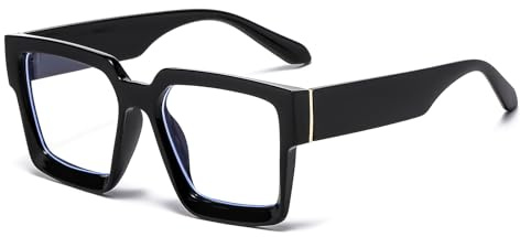LJCZKA Occhiali Luce Blu Quadrati Grandi per Donna Uomo, Spessa Montatura Occhiali da Vista Occhiali Anti Luce Blu Anti Affaticamento per Computer (Nero, 0.0, x)