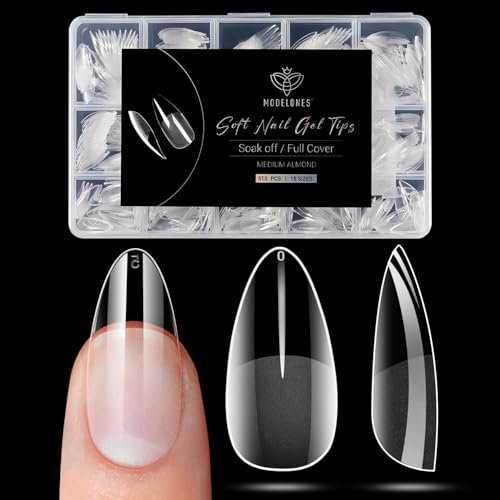 Modelones Almond Nail Tips -510Pcs Nail Tips for Gel Extensions Half Matte Full Cover Clear Acrylic Gel Kit False Press on Nails Manicure Salon DIY at Home 15 Sizes Medium