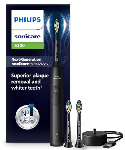 Philips Sonicare 5300 spazzolino elettrico sonico con 2 livelli di intensità, avviso di pressione, EasyStart, Smartimer e BrushPacer, nero, modello HX7101/04 [Nuova tecnologia]