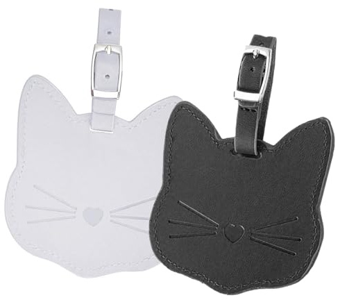 2PCS Cat Shape Luggage Tags - Leather Suitcase Identifiers - Travel Name ID Labels with Adjustable Strap (Black & White)