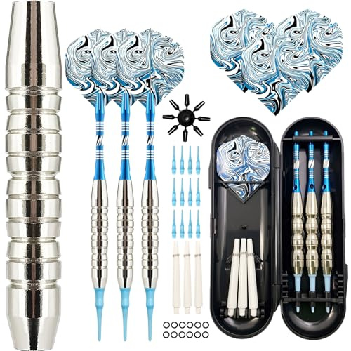 Genossen Freccette con punta in plastica, 18 grammi, 3 freccette professionali per bersaglio elettronico, freccette morbide con 30 punte in plastica, 3 alette e custodia (argento)