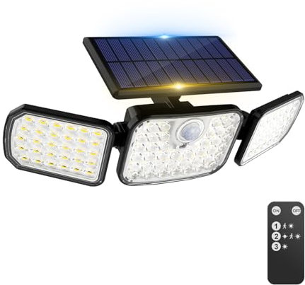 Peasur Solar Security Lights Outdoor Motion Sensor, 3 Modes Solar Powered Flood Light with Remote Control 3 Adjustable Heads, IP65 Waterproof Wall Mount Wireless for Yard Garage Patio Porch