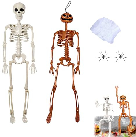 Decoración Halloween Exterior Interior Colgante Esqueleto Ajustable 40cm + Calavera Calabaza + telaraña 20g + 2 arañas Ideal para casa Fiesta terraza jardín embrujado