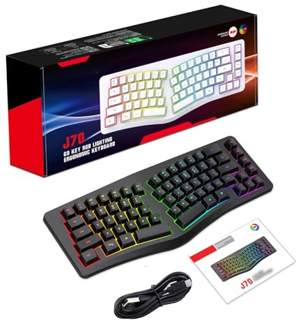 Yanmis Teclado Ergonómico Dividido, Teclado de Escritura USB C con Cableado con 18 Modos RGB Retroiluminado, 69 Teclas, Cable Desmontable para Escritorio de Computadora (Black)