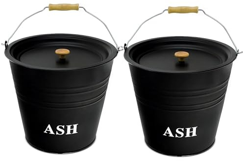 12L Steel Ash Bucket | Fireplace Ashes Container with Lid & Wooden Handle to Store Coal & Woods | (3.2 Gallons) Fireside Storage Ash Bin for Hearth, Living Rooms, Garden & BBQ Parties (Pack of 2)