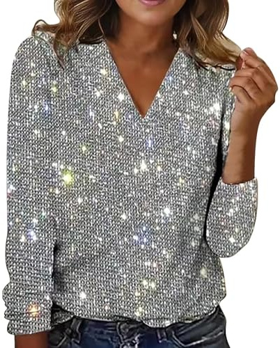Top Fiesta Mujer Lentejuelas Blusas de Mujer Elegantes Fiestas Blusa Fiesta Sexy Camiseta Plateada Elegante Manga Larga Camisa Básico Cuello en V Camisetas Chic Tops Brillante Boda Carnaval