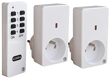 Kit 2 prises marche/arrêt commandées à distance + telecommande, portée 70m, 433,92 Mhz, 3680W max, 16A, 230V - Tibelec