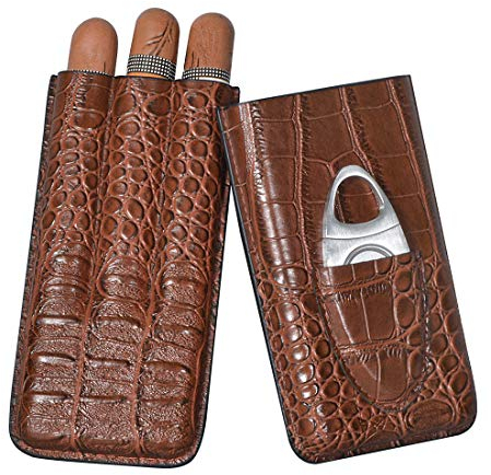 Volenx Zigarrenetui, 3 Tube Humidor mit Zigarrenschneider, Tragbarer Reise Humidor Zigarren aus Krokodile Getreide Leder, Tolle Geschenke für Männer (Braun)
