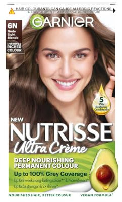 Garnier Nutrisse Ultra Crème Permanent Hair Dye, Up to 100% Grey Coverage, 8-weeks Long-Lasting Colour, No Ammonia, Vegan Formula (Shade: 6N Nude Light Brown)