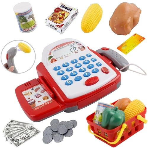 The Magic Toy Shop Electronic Cash Register for Kids with Scanner - Lights & Sounds, Play Food, Basket, Card Reader, Working Calculator & Display - Supermarket Role Play Toy Till Gift for Children