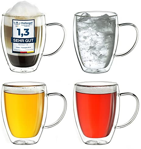 Creano doppelwandiges Thermoglas mit Henkel 250ml, großes Doppelwandglas aus Borosilikatglas, Kaffeegläser, Teegläser, 4er Set