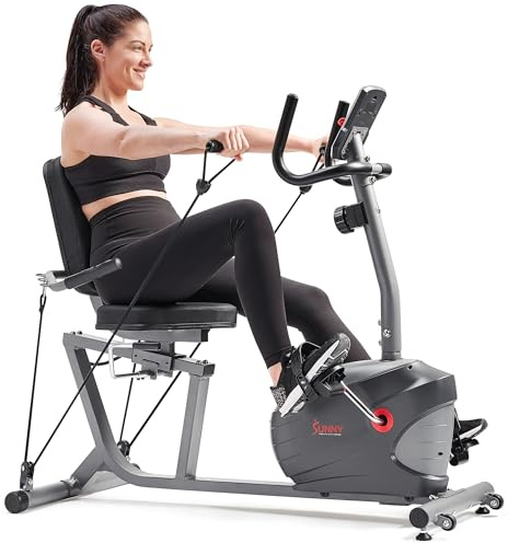Sunny Health & Fitness Smart Magnetic Recumbent Exercise Bike Trainer w/Arm Exerciser for Full Body Workout, Indoor Cardio Cycling Machine for Seniors, Bluetooth Link to SunnyFit App-SF-RB420031