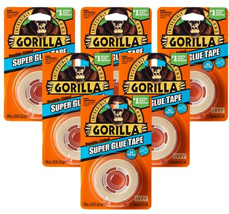 Gorilla Super Glue Tape, Multi-Purpose, Permanent, Double Sided, High Tack, 5/8in x 20ft, Clear (Pack of 6)