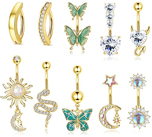 Milacolato 10Pcs 14G Bauchnabelstangen Für Frauen Edelstahl Bauchstange Herz Schlange Schmetterling CZ Dangly Bauchnabel Bars Langhanteln Bauchnabel Piercing Schmuck Gold