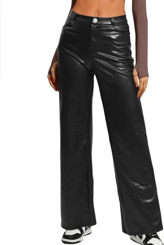 Navneet Lederhose Damen Wide Straight Leg Hose Weites Bein Schlaghose PU Kunstlederhosen High Waist mit Tasche Party Schwarz M