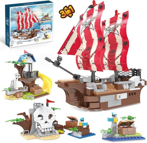 QLT Piratenschiff Bausteinspielzeug Set, 3-in-1 Piratenschiff, Piratenbaumhaus und Schädelinsel, klemmbausteine für Kinder ab 6+ Jahren(260 Pieces)