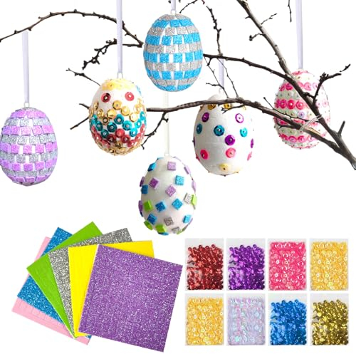 HOECMRHP Ostereier Styropor Bastelset, 20 Deko Pailletten-Eier für Aufhängen und Osterdeko, Ostern Styroporeier Basteln Set, Bunten Pailetten Stecknadeln, Osterdekoration zum verzieren