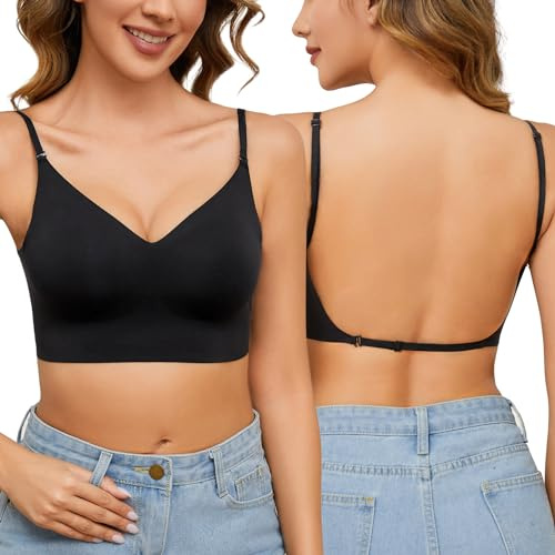 PASUDA Soutien Gorge Dos Nu Invisible Brassière Femme sans Amature Deep V Soutien-Gorge à Bretelles Convertibles Dos Forme en U sous sans Coutures Sexy Confort Respirant (Noir, L)