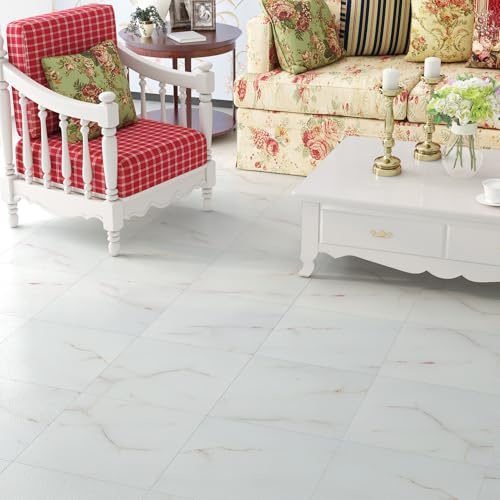 Livelynine 16-Pack Marble Peel and Stick Floor Tile Gold White Vinyl Flooring Tiles for Bathroom Basement Waterproof Vinyl Sheet Flooring 12x12 Renter Friendly Floor Stickers Kitchen Linoleum Floors