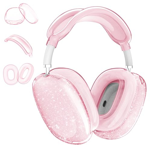 Aircawin Funda para AirPods Max con purpurina rosa transparente, 3 en 1 de TPU suave transparente, almohadillas para los oídos, cubierta para la diadema para Airpods Max, accesorios para auriculares