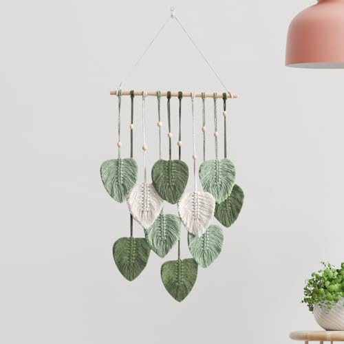 CEWROM Makramee Wandbehang, Wandteppich Boho Deko, Handgemachte Wanddeko, Makramee Wandteppich mit Holzperlen und Grün Blätter, Boho Wanddeko Wandbehang für Outdoor, Schlafzimmer, Kinderzimmer