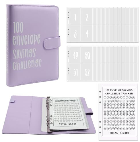 Horuili® Haushaltsbuch zum Geldsparen, 100 Briefumschläge Herausforderungsbinder, Budget Binder, A5 Haushaltsplaner, Geldsparbinder Budget Planner, Herausforderung Sparen Umschlag Sparbuch (lila)