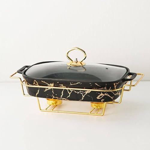Keramik Chafing Disk BufféSet, Keramisk Marmor Finish Chafer Med Glaslock, MatväRmningsbehåLlare, VäRmebricka, Buffet Chafing Disk Spis FöR Buffé, BröLlop, Fester, Banketter,Black-S