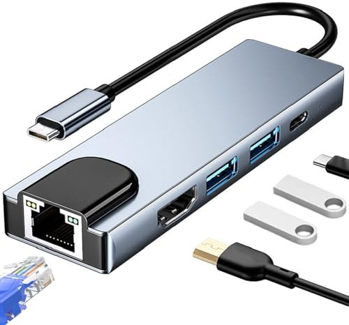 Huybaa Hub USB C Ethernet 5 in 1, Multiport Adattatore USB C con HDM1 4K, PD 100W, USB 3.0, Ethernet LAN RJ45, Compatibile per iPad, Windows