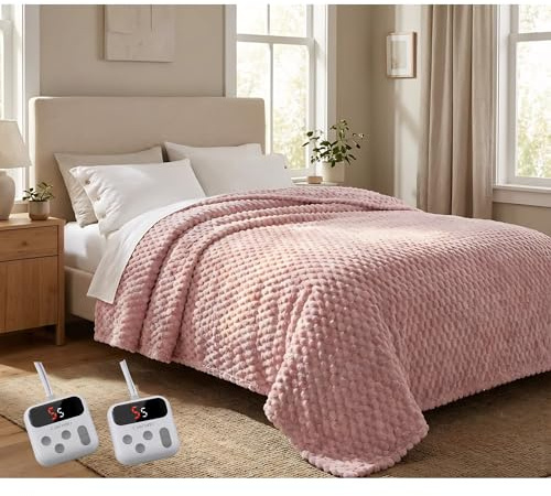GarveeHome Heated Blanket Electric Blanket King Size 90 in x100 in, w/Dual Control,10 Heating Levels & 10 Hours Auto Shut Off, Cozy Soft Fleece Fast Heating Blankets Gift, Machine Washable, Pink
