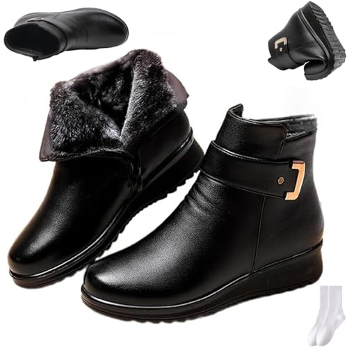 GAGFDA Botas ortopédicas de lana de piel auténtica con hebilla de metal para mujer, elegantes, antideslizantes, con forro de piel, cálidas, impermeables, de cuña baja, con cremallera lateral, Forro de