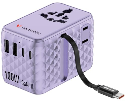 Verbatim GaN reseadapter 100 W lila kontaktadapter med integrerad kabel och 2 x USB-C, 2 x USB-A, 2 x USA/JP-port, universell snabbladdare för bärbar dator, smartphone med mera