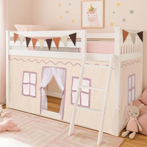 Breling 3 Panel Play Curtain Set Thickened Privacy Curtain for Low Bunk Loft Bed with Felt Flag Double-Layer Gauze Playhouse Accessories with Tote Bags for Boy Girl Birthday Gift