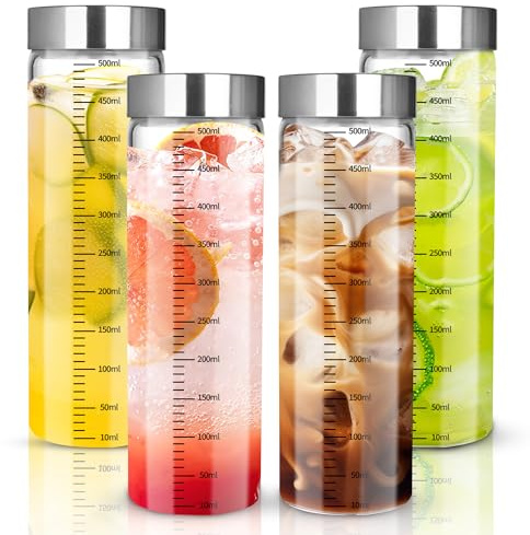 4 confezioni di bottiglie di vetro graduate da 500 ml, bicchieri per frullati con coperchio in acciaio inossidabile, bottiglie d'acqua in vetro riutilizzabili, adatte per frullati, succhi, latte, caff