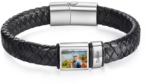 lorajewel Bracciale Personalizzato da Uomo con Nome Bracciale con Foto in Pelle Regalo per Uomo Papà Nonno Marito Fidanzato (Argento-1)