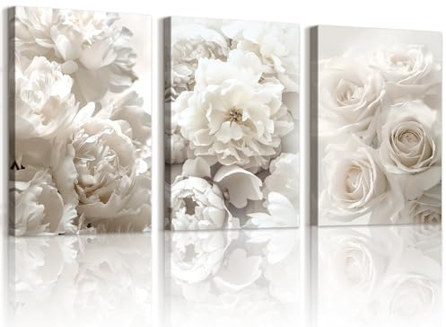 WENGTIAO 3 Pezzi Floreale Bianco Quadro su Tela Incorniciato, Stampa su Tela Estetica Rosa Bianca e Peonia in Fiori Quadri Moderni Soggiorno Camera da Letto Decorazioni Parete 40x60cmx3