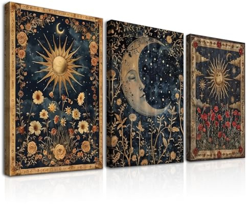 Dazzlewall Set de 3 Piezas Arte de Pared Boho Gótico Vintage, Lienzo de Tarjetas Tarot de Sol y Luna Floral Occultismo para Dormitorio 30×40 cm Enmarcado