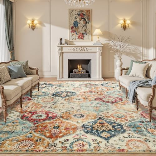 Tuocal Machine Washable Rugs Living Room 200x300cm, Vintage Rug Boho Area Rugs, Non-Slip Carpet Low Pile Non-Shedding Short Low Pile Rugs Large Carpet for Living Room Bedroom Dining Room Kids Room