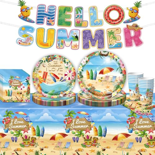 JUNBAOYYDS Set de vajilla para fiesta en la piscina, accesorios para fiesta de cumpleaños en la piscina, vajilla para fiesta infantil, cubiertos de cartón, platos y vasos de cartón y servilletas para