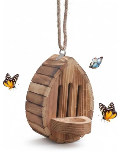Butterfly House for Outside,Teardrop Shaped Wooden Butterfly Habitat,Wooden Butterfly Feeding Station with Hanging Rope for Garden Yard Decor