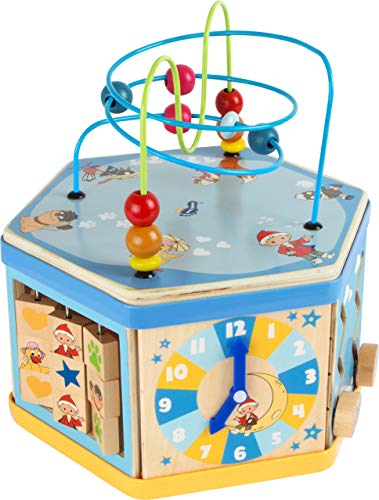 small foot 10433 Motorikwürfel Sandmännchen, mit Formenspiel, Schiebespiel, Spieluhr und Motorikschleifen, ab 1 Jahr