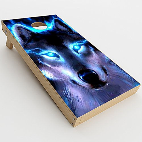 Skin Decal Vinyl Wrap for Cornhole Game Board Bag Toss (2xpcs.) Skins Stickers Cover/Wolf Glowing Eyes Fire