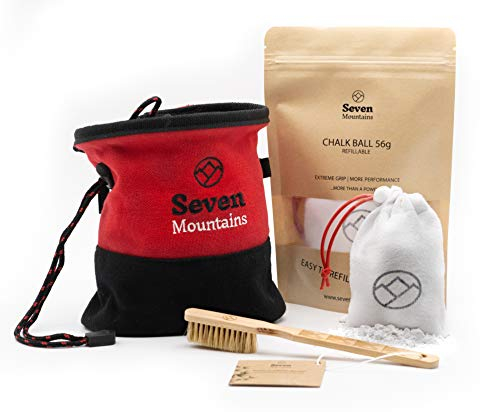Seven Mountains Boulder-Set - für einen besonders sicheren Griff - schwarz-roter Chalkbag mit Boulder-Bürste aus Bambus und nachfüllbaren Chalk-Ball - die perfekte Kletter-Ausrüstung zum Bouldern